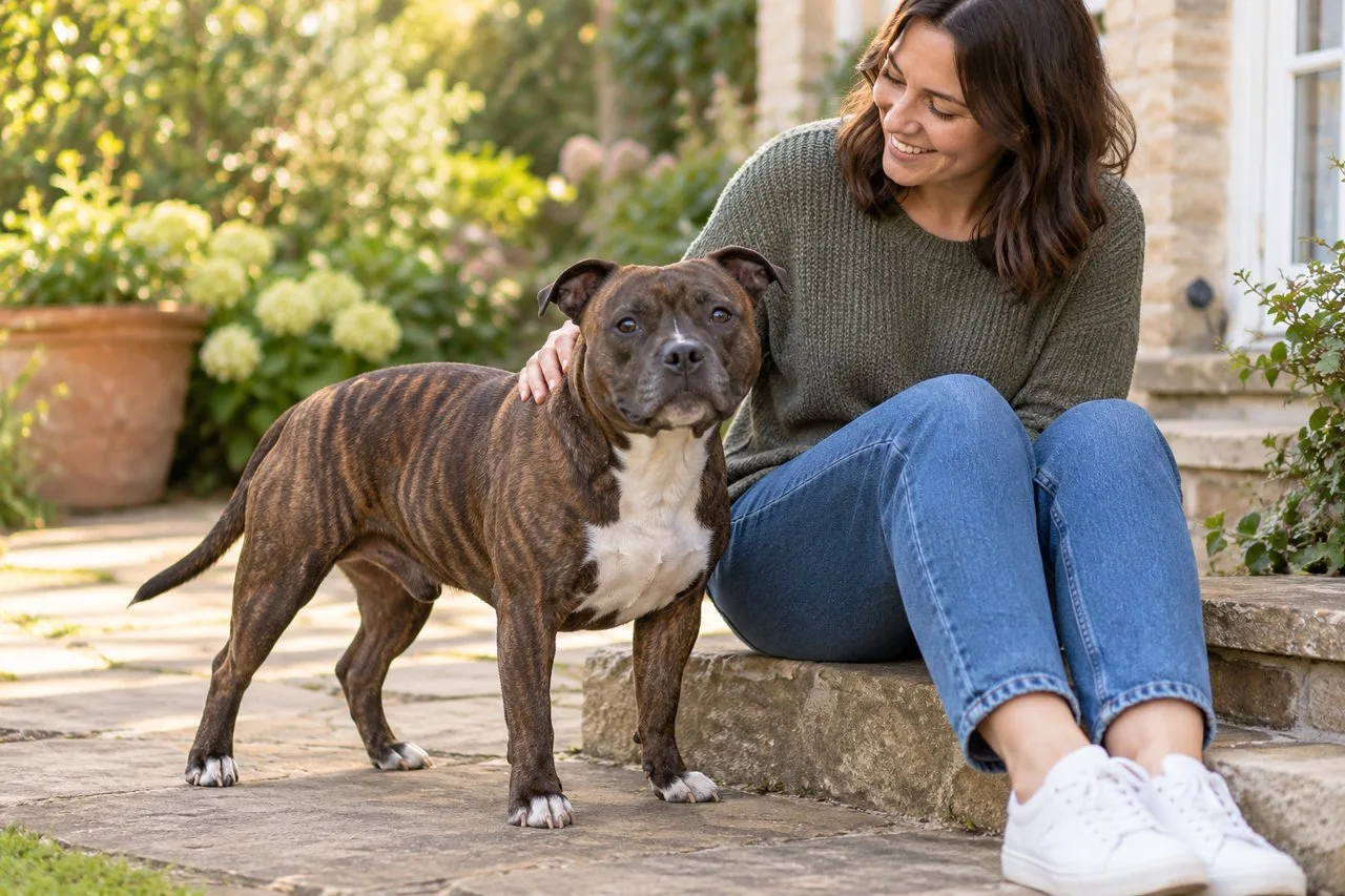 Brindle Staffordshire Bull Terrier standing beside its owner in a garden